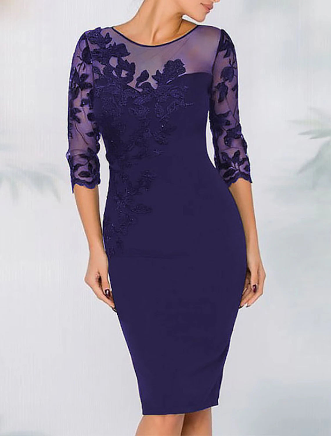 Wholesale Sheath Cocktail Elegant Dress Fall Wedding Guest Dress Long Sleeve Black Dress Plus Size Midi Dress Floral Embroidery Illusion Neck With Beading Lace