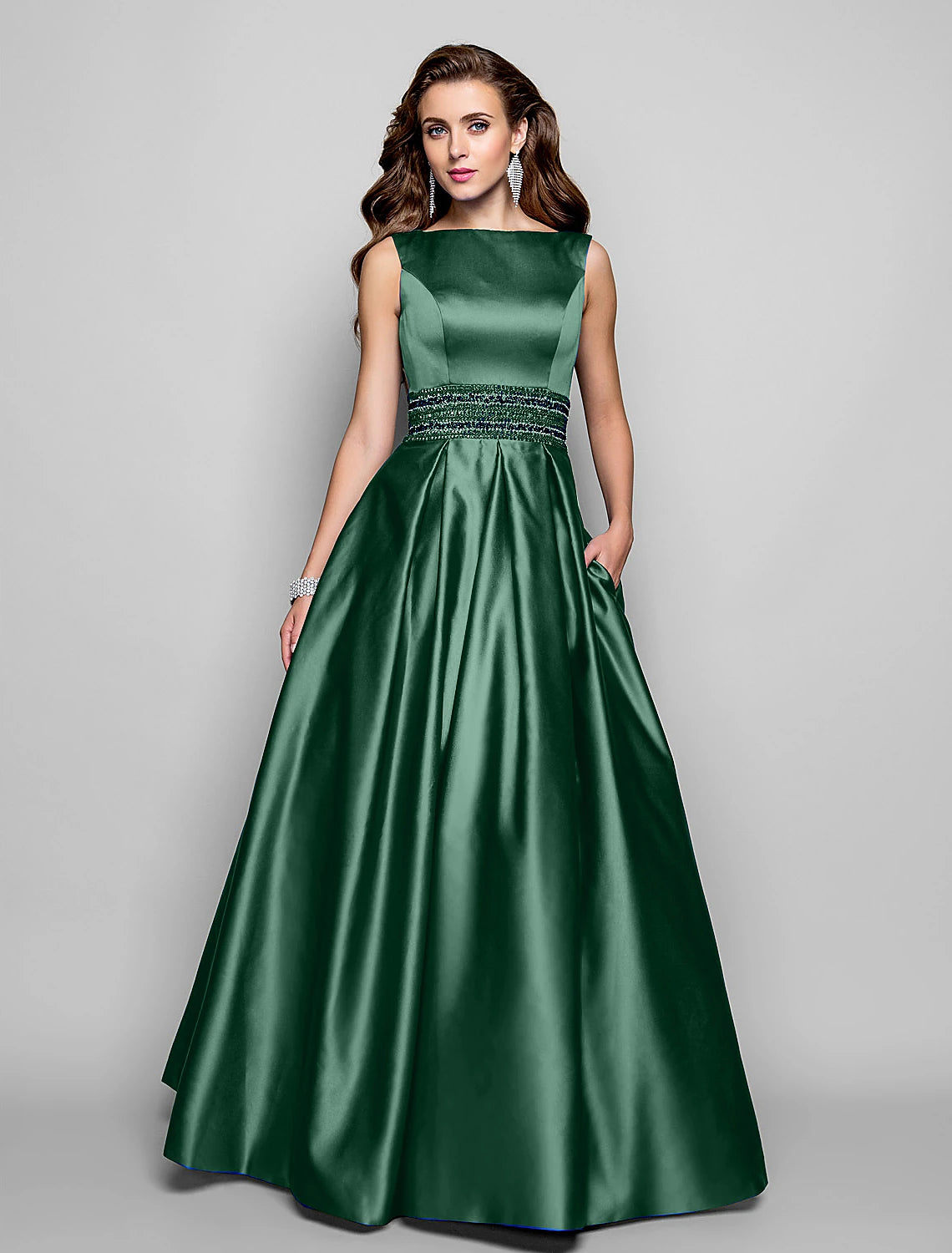Wholesale  A-Line Elegant Dress Wedding Guest Prom Floor Length Sleeveless Boat Neck Pocket Satin with Pleats Beading