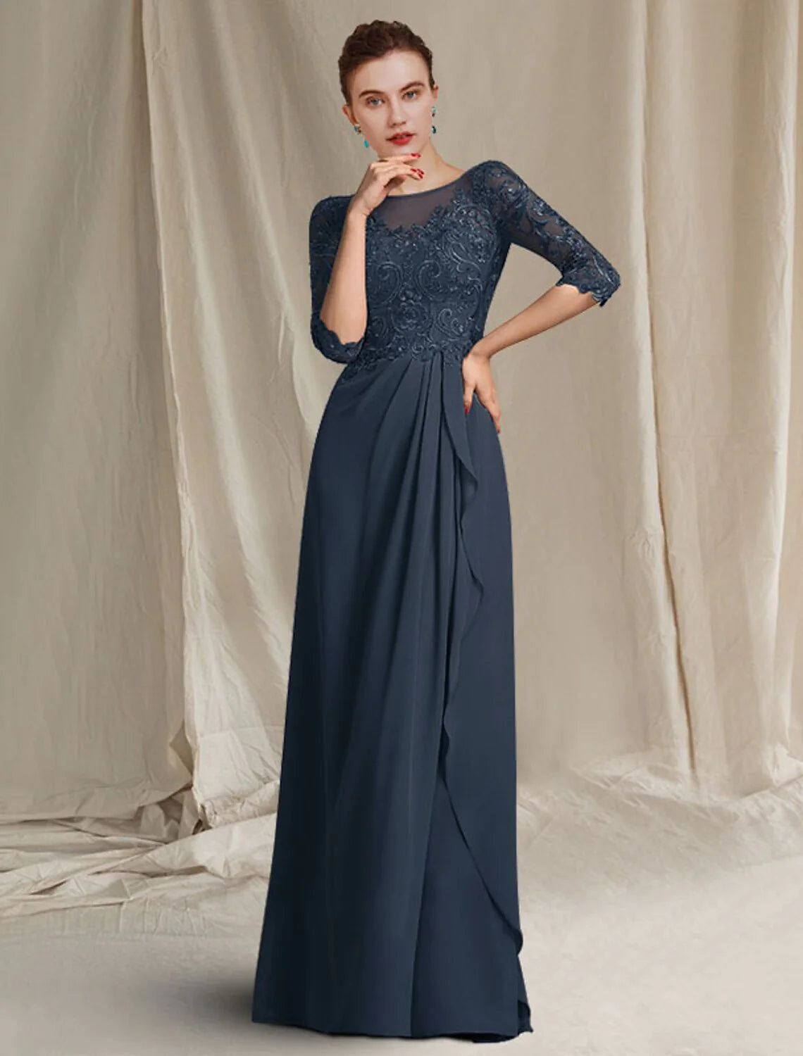 Wholesale Sheath / Column Mother of the Bride Dress Plus Size Elegant Jewel Neck Floor Length Chiffon Lace 3/4 Length Sleeve with Pleats Ruffles Appliques