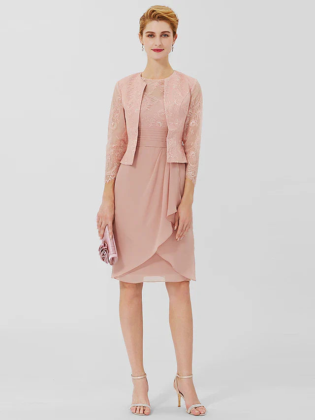 Wholesale Sheath / Column Mother of the Bride Dress Formal Classic & Timeless Elegant & Luxurious Convertible Dress Jewel Neck Knee Length Chiffon Sheer Lace 3/4 Length Sleeve with Sash / Ribbon
