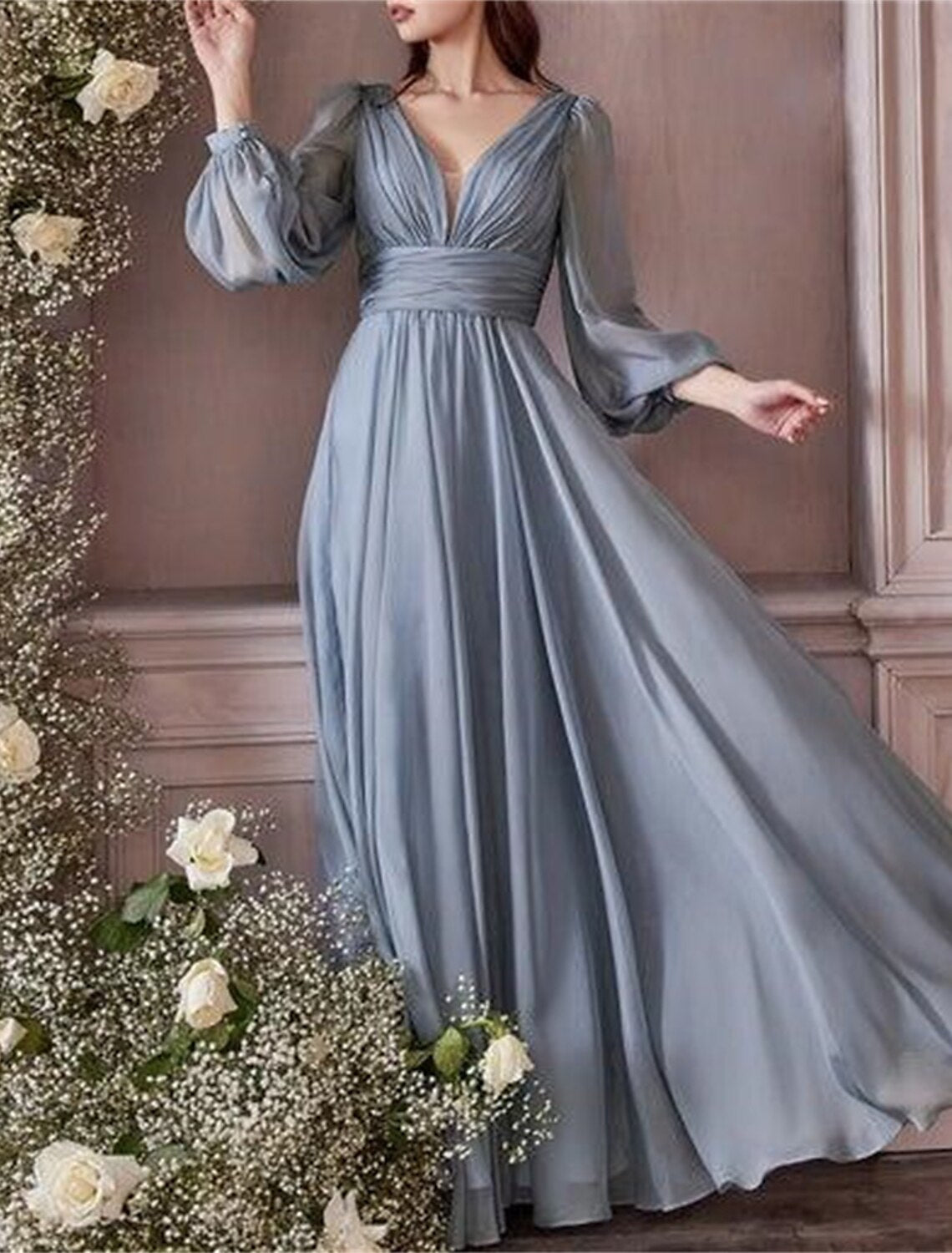 Wholesale A-Line Bridesmaid Dress V Neck Long Sleeve Blue Floor Length Chiffon with Ruching / Solid Color