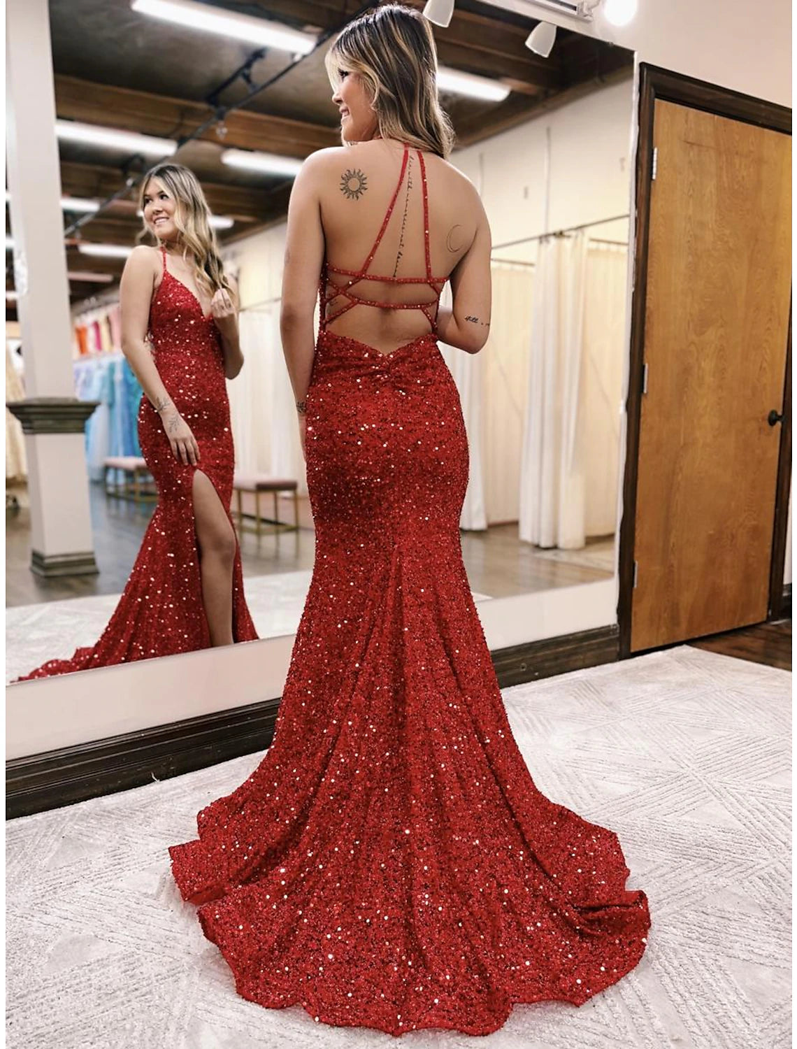 Wholesale Mermaid / Trumpet Prom Dresses Sparkle & Shine Dress Formal Wedding Party Sweep / Brush Train Sleeveless V Neck Sequined Backless with Sequin Slit