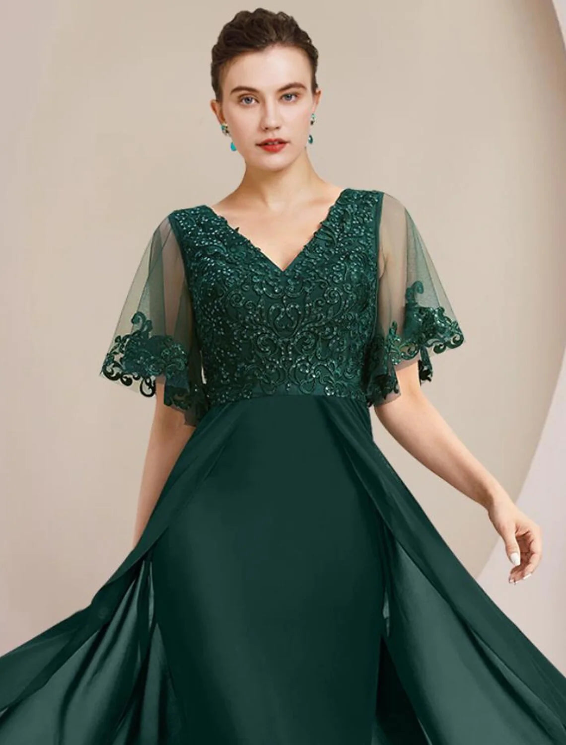 Wholesale Sheath / Column Mother of the Bride Dress Formal Wedding Guest Elegant V Neck Floor Length Chiffon Lace Tulle Short Sleeve with Sequin Appliques
