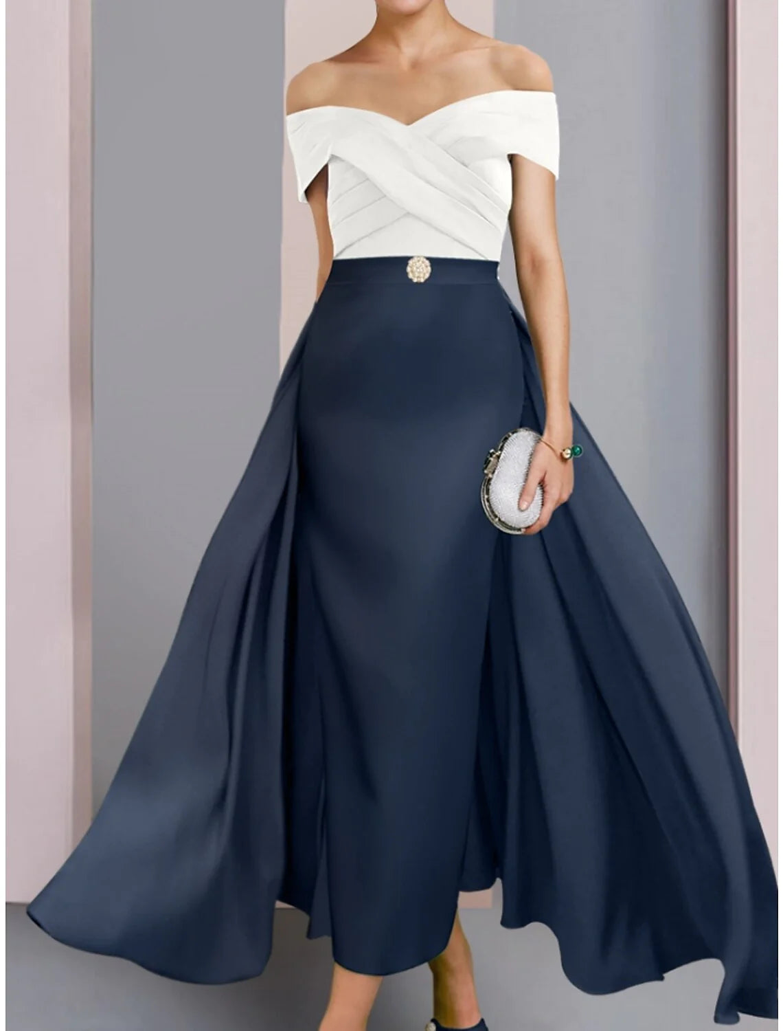 Wholesale A-Line Mother of the Bride Dress Wedding Guest Elegant Off Shoulder Ankle Length Stretch Fabric Short Sleeve with Crystal Brooch Ruching