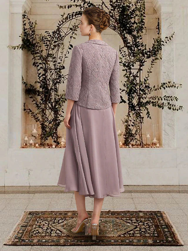 Wholesale Two Piece A-Line Mother of the Bride Dress Church Elegant Jewel Neck Floor Length Tea Length Chiffon Lace Sleeveless Short Jacket Dresses with Ruffles Appliques