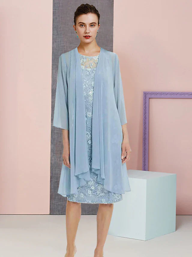 Wholesale Two Piece Sheath / Column Mother of the Bride Dress Formal Wedding Guest Vintage Elegant Scoop Neck Knee Length Chiffon Lace Sleeveless Jacket Dresses with Appliques