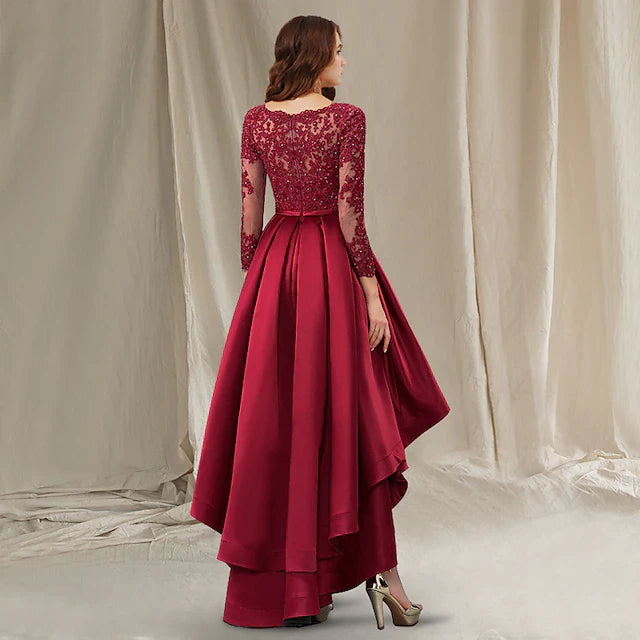 Wholesale A-Line Mother of the Bride Dress Luxurious Elegant High Low V Neck Asymmetrical Floor Length Satin Lace Half Sleeve with Beading Appliques
