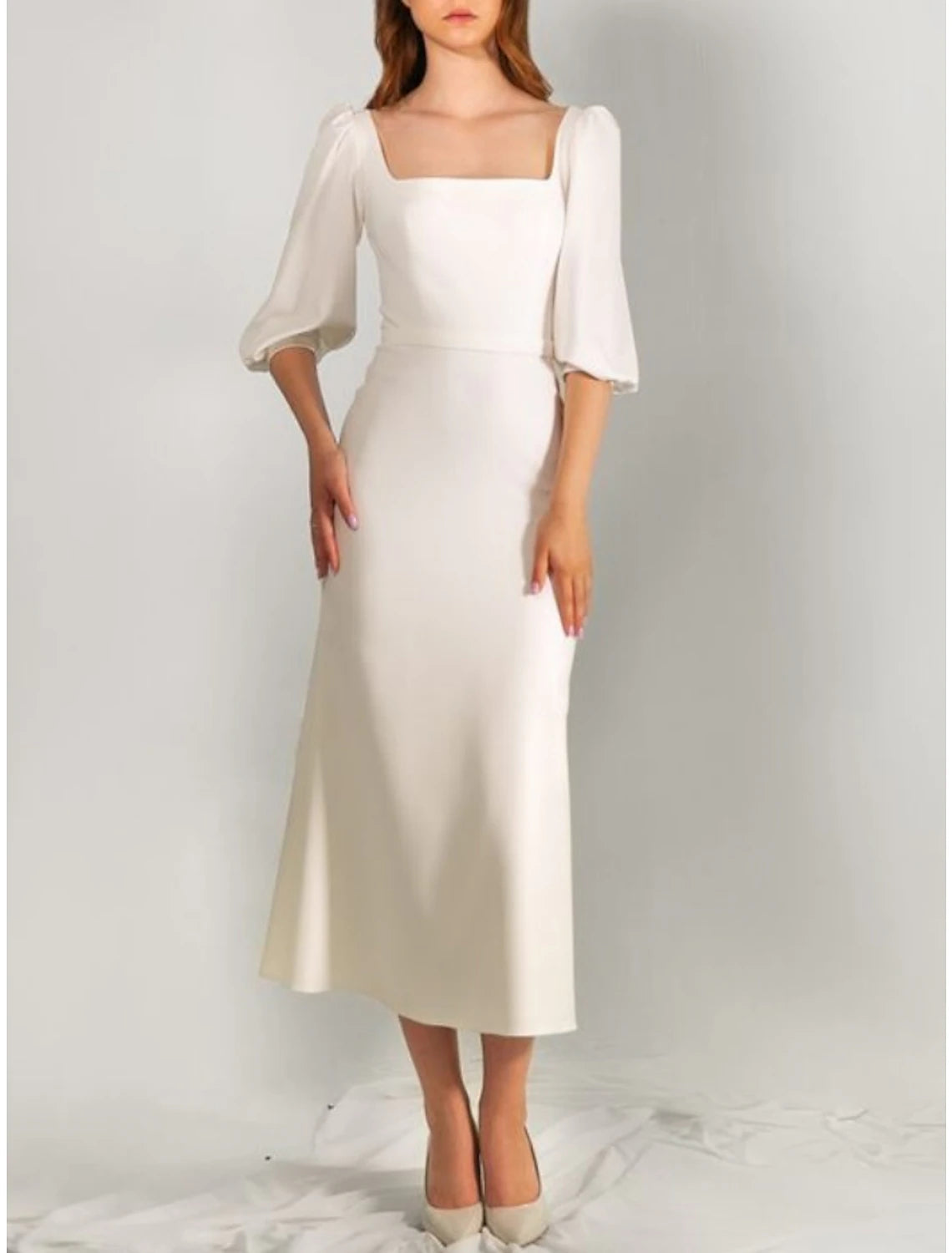 Wholesale Little White Dresses Wedding Dresses A-Line Square Neck Half Sleeve Tea Length Satin Bridal Gowns With Solid Color