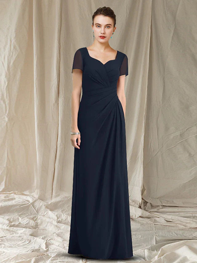 Wholesale Sheath / Column Mother of the Bride Dress Simple Elegant V Neck Floor Length Chiffon Short Sleeve with Ruched