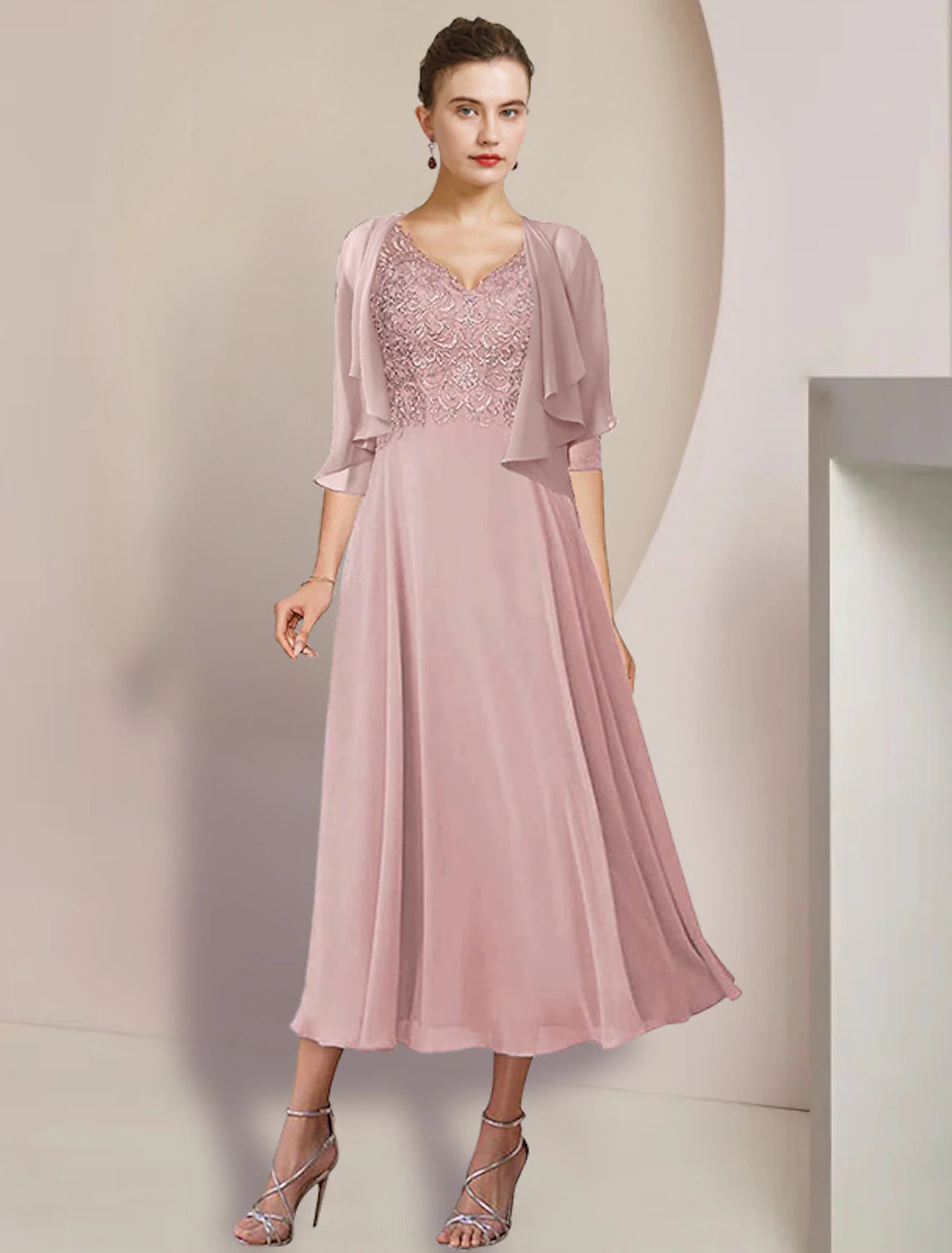 Wholesale  Two Piece A-Line Mother of the Bride Dress Formal Wedding Guest Elegant V Neck Tea Length Chiffon Lace 3/4 Length Sleeve Wrap Included with Appliques