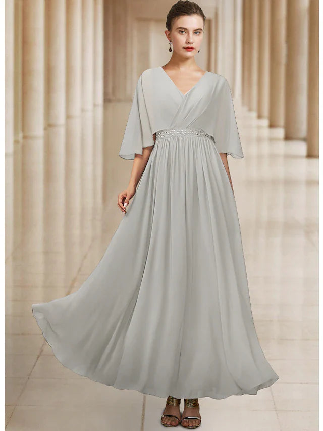 Wholesale A-Line Mother of the Bride Dress Elegant V Neck Ankle Length Chiffon Half Sleeve with Sash / Ribbon Pleats