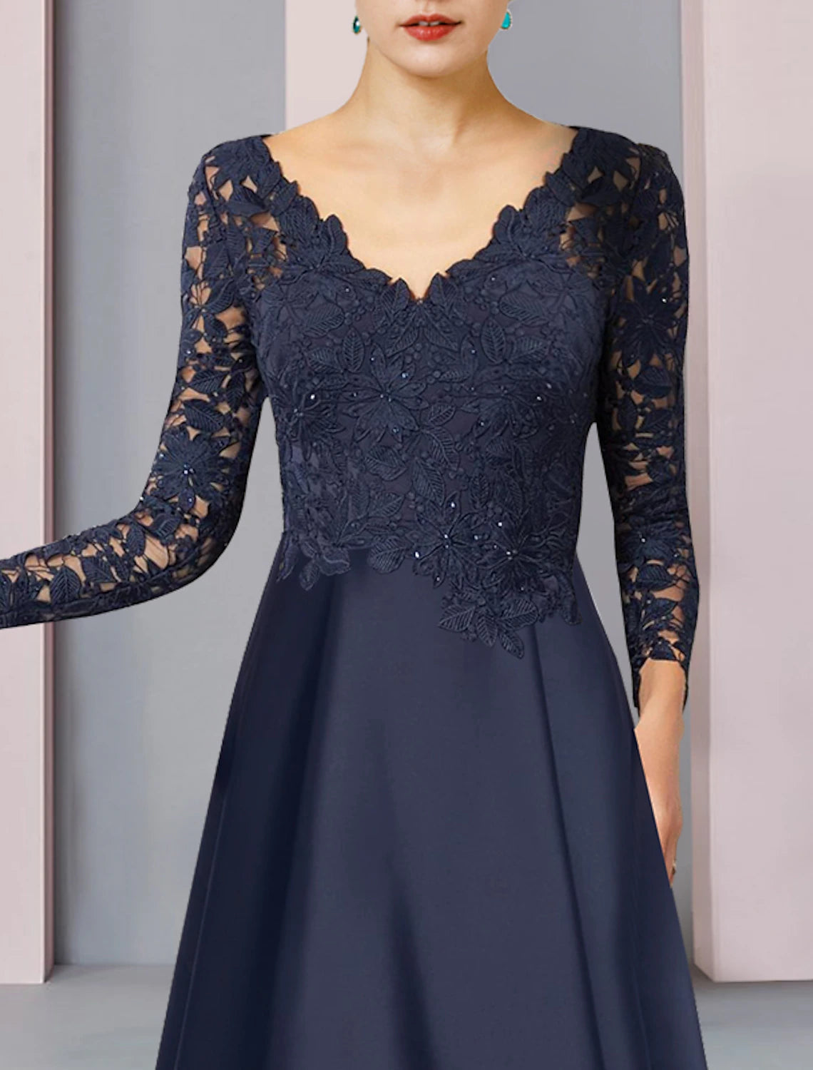 Wholesale  A-Line Mother of the Bride Dress Formal Wedding Guest Elegant High Low V Neck Asymmetrical Tea Length Satin Lace Long Sleeve with Pleats Appliques