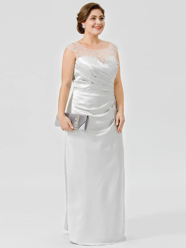 Wholesale Sheath / Column Mother of the Bride Dress Classic & Timeless Elegant & Luxurious Plus Size Jewel Neck Floor Length Satin Sleeveless No with Pleats Crystals