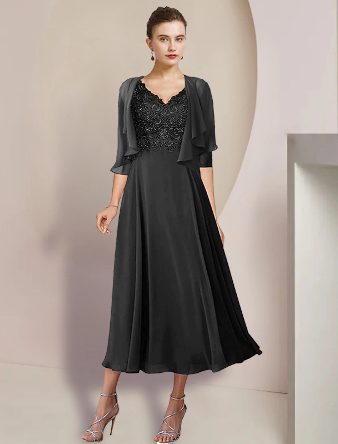 Wholesale  Two Piece A-Line Mother of the Bride Dress Formal Wedding Guest Elegant V Neck Tea Length Chiffon Lace 3/4 Length Sleeve Wrap Included with Appliques