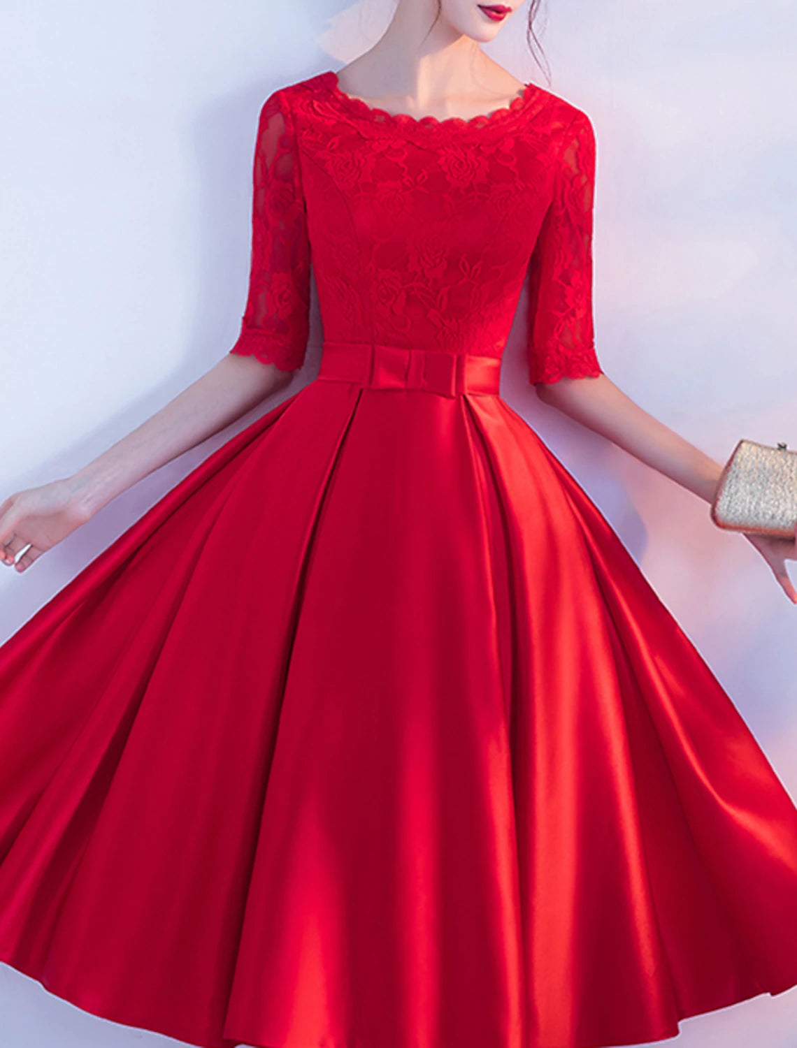 Wholesale A-Line Minimalist Elegant Party Wear Cocktail Party Wedding Guest Dress Jewel Neck Half Sleeve Tea Length Satin with Bow(s) Pleats Lace Embroidery