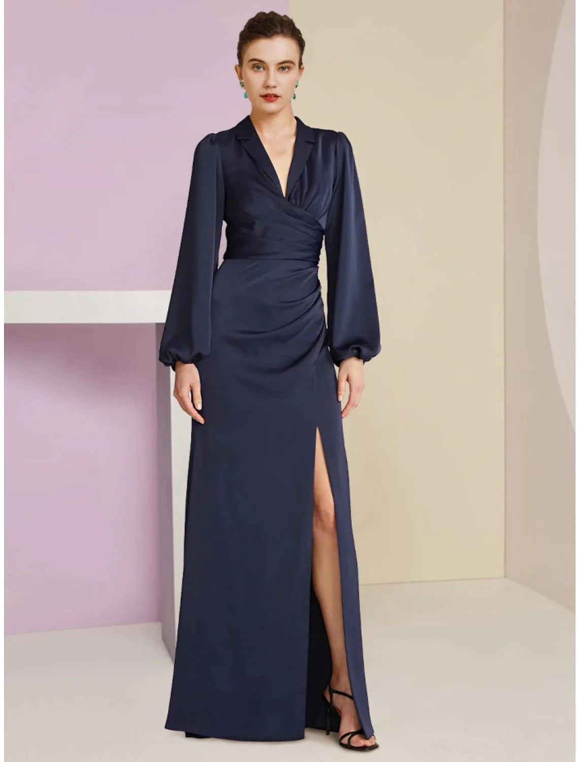 Wholesale Sheath / Column Mother of the Bride Dress Wedding Guest Elegant V Neck Floor Length Stretch Satin Long Sleeve with Split Front Ruching