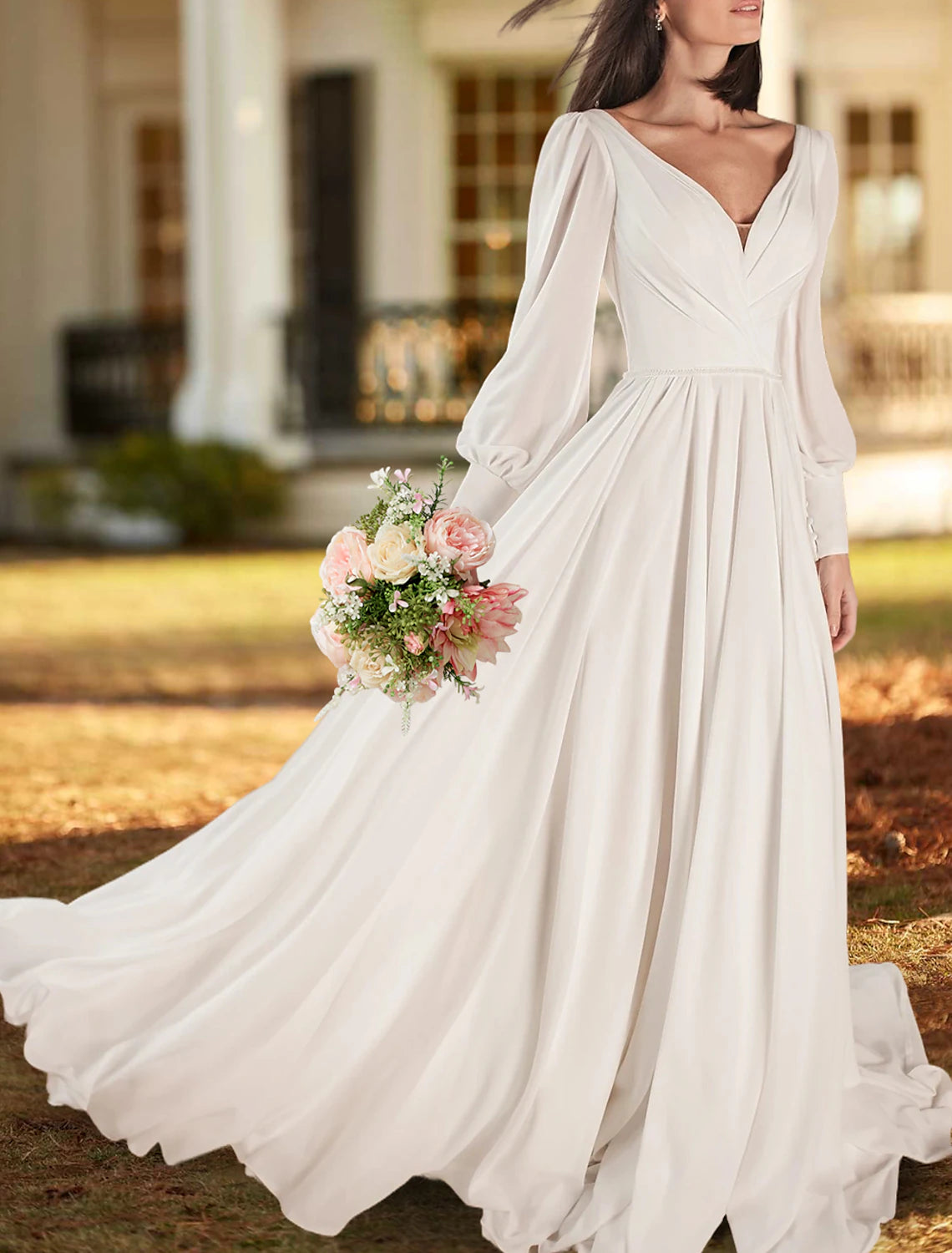 Wholesale Simple Wedding Dresses A-Line V Neck Long Sleeve Sweep / Brush Train Chiffon Bridal Gowns With Pleats