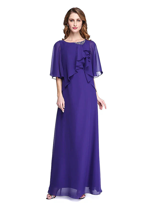 Wholesale Sheath / Column Mother of the Bride Dress Elegant Open Back Jewel Neck Floor Length Chiffon Half Sleeve with Pleats Beading Ruffle