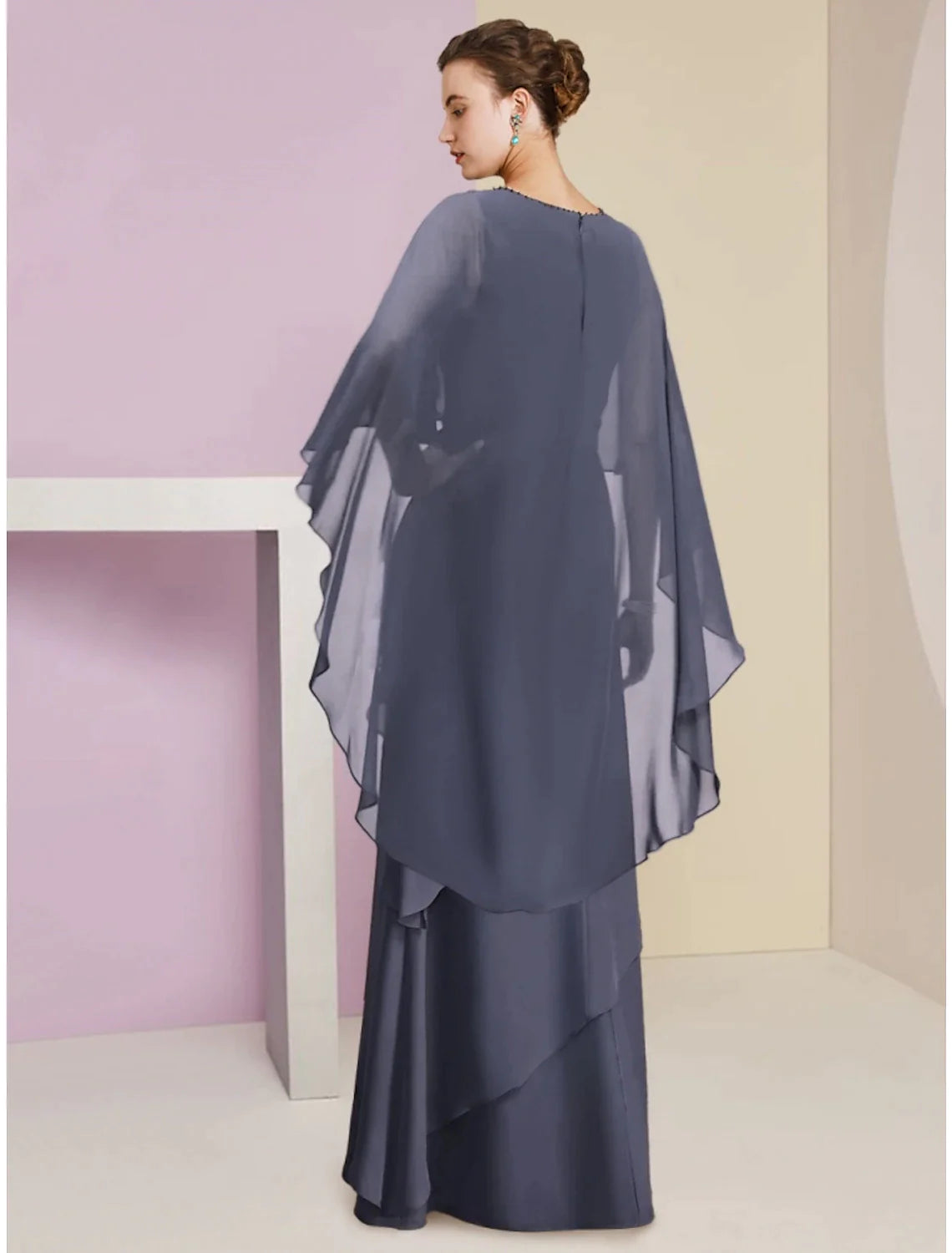 Wholesale Sheath / Column Mother of the Bride Dress Wedding Guest Elegant Jewel Neck Floor Length Chiffon Half Sleeve with Sequin Tier Solid Color