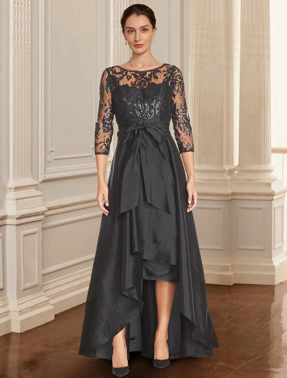 Wholesale A-Line Mother of the Bride Dress Formal Wedding Guest Elegant Black Dress Jewel Neck Asymmetrical Lace Italy Satin 3/4 Length Sleeve with Lace Bow(s) Sequin
