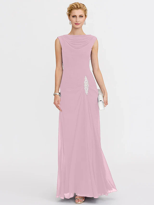 Wholesale Sheath / Column Mother of the Bride Dress Color Block Lace Up Cowl Neck Ankle Length Chiffon Charmeuse Sleeveless with Criss Cross Beading