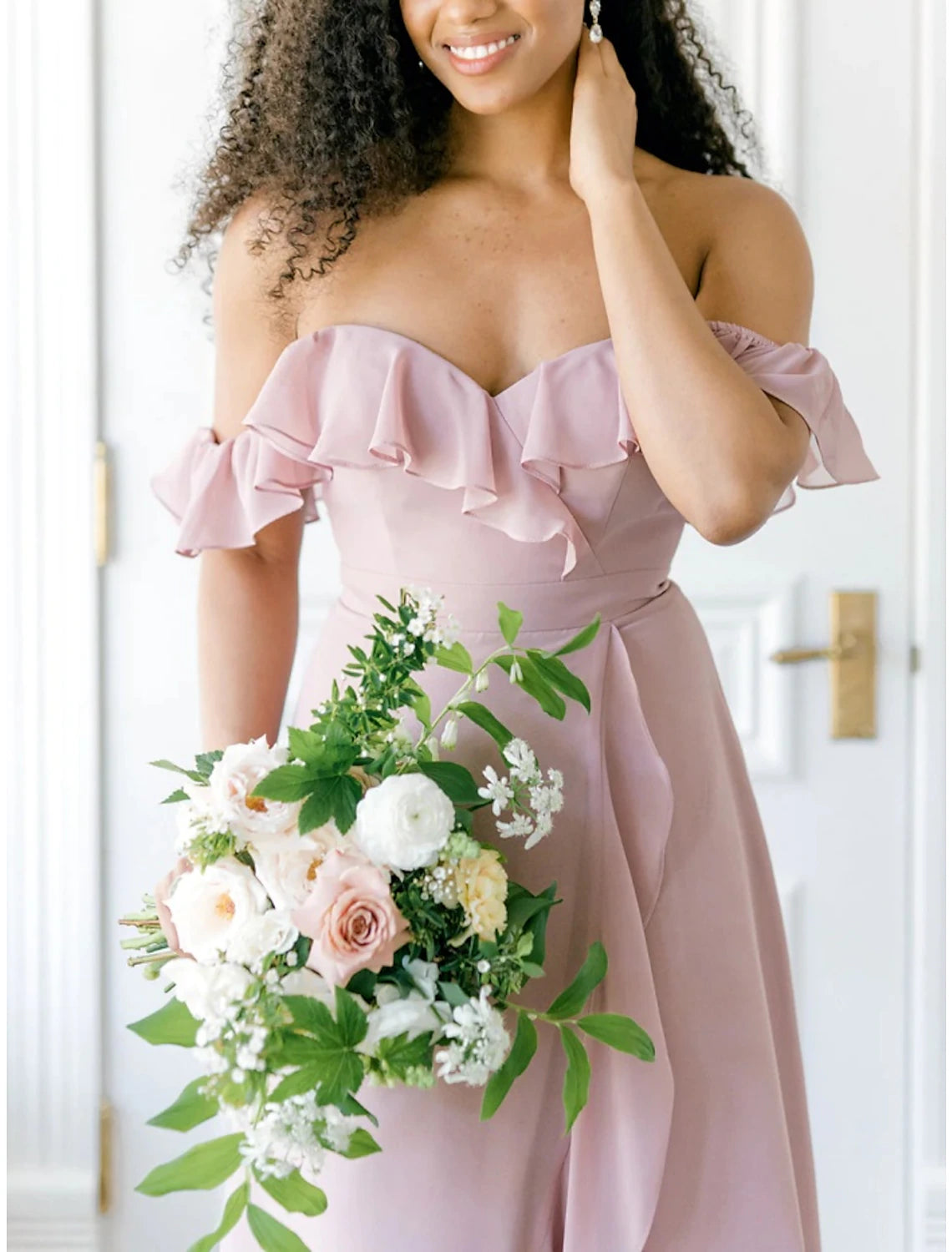 Wholesale A-Line Bridesmaid Dress Off Shoulder Short Sleeve Elegant Asymmetrical Chiffon with Ruffles / Split Front / Ruching