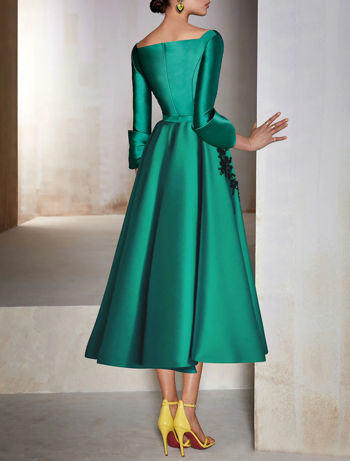 Wholesale A-Line Cocktail Dresses Christmas Red Green Dress Wedding Guest Tea Length 3/4 Length Sleeve V Neck Satin with Bow(s) Appliques