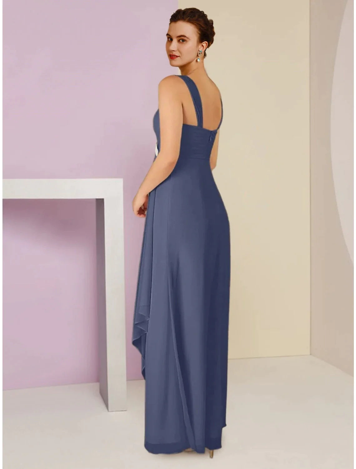 Wholesale A-Line Mother of the Bride Dress Wedding Guest Elegant Square Neck Ankle Length Chiffon Long Sleeve with Crystal Brooch Ruching