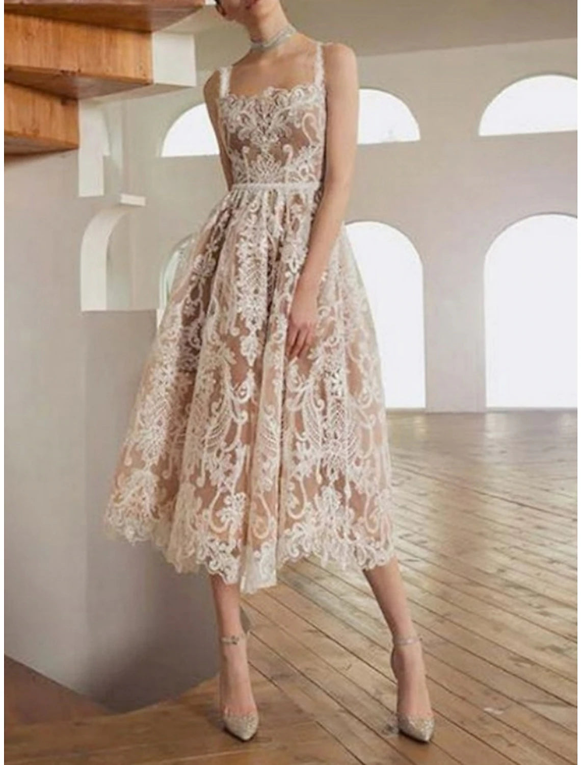 Wholesale Casual Wedding Dresses A-Line Camisole Sleeveless Tea Length Lace Bridal Gowns With Pleats