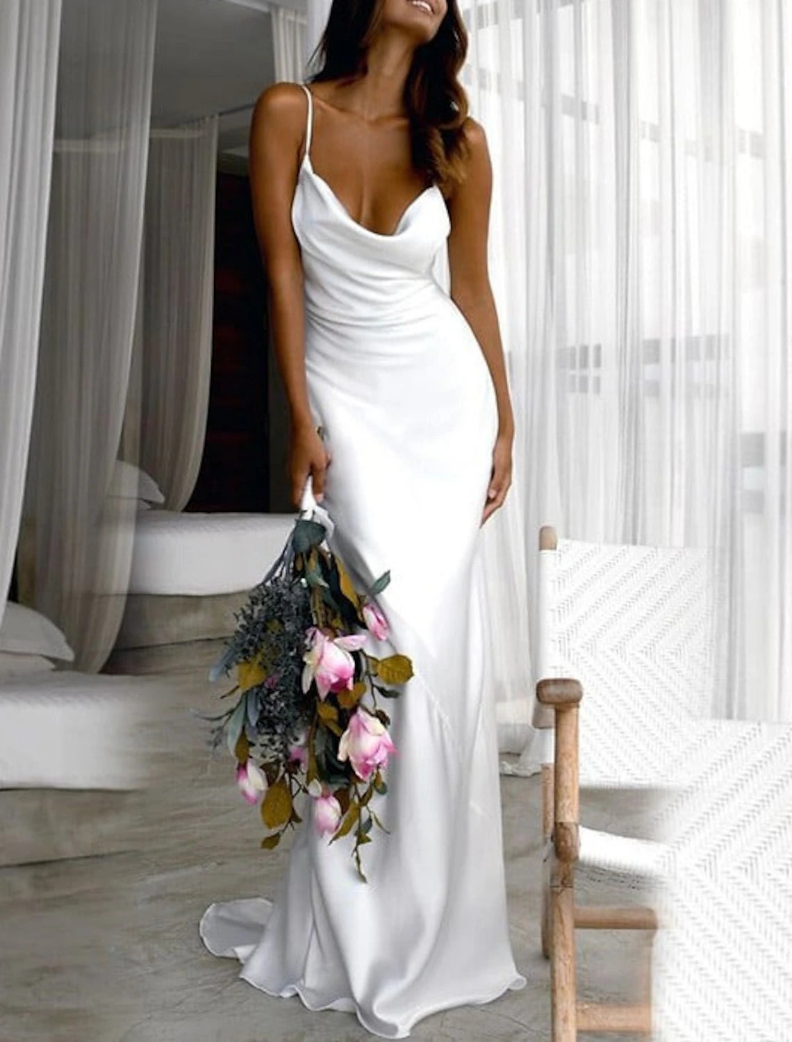Wholesale Beach Simple Wedding Dresses Sheath / Column Square Neck Camisole Spaghetti Strap Sweep / Brush Train Stretch Fabric Bridal Gowns With Ruched Solid Color