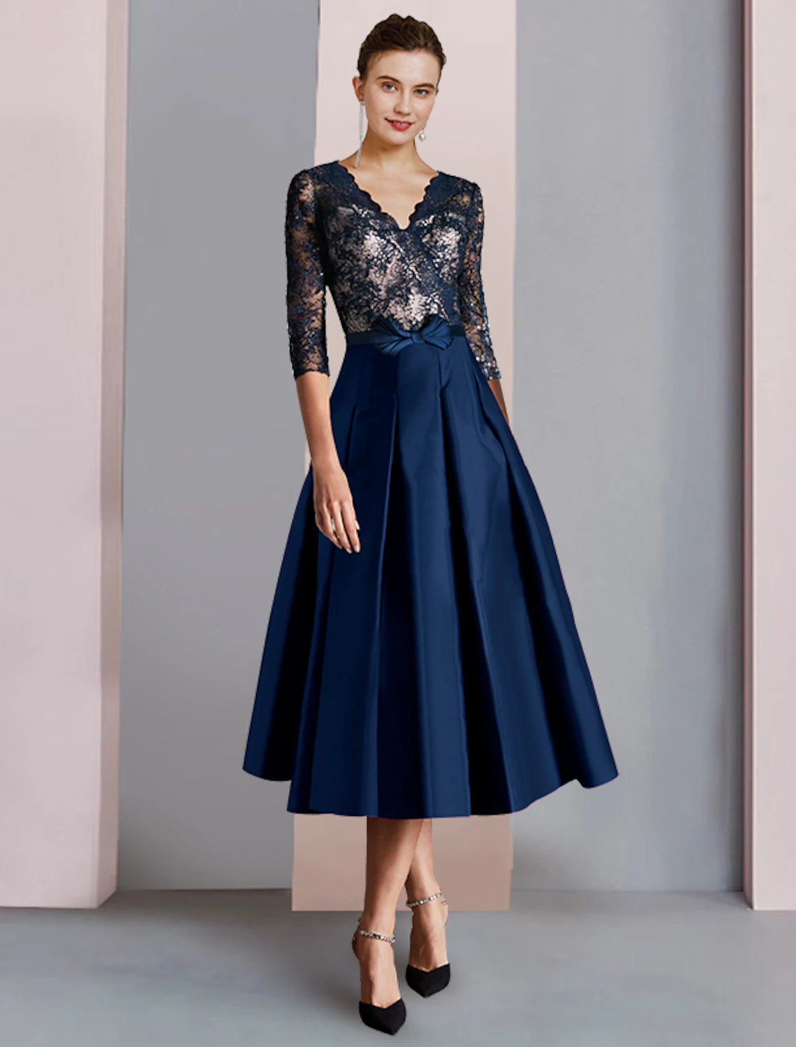 Wholesale  A-Line Mother of the Bride Dress Formal Wedding Guest Party Elegant V Neck Tea Length Satin Lace Half Sleeve with Bow(s) Ruching