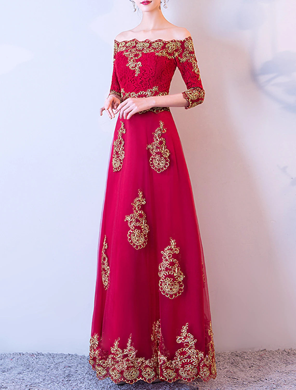 Wholesale A-Line Glittering Floral Engagement Formal Evening Dress Off Shoulder Half Sleeve Floor Length Lace with Embroidery Appliques