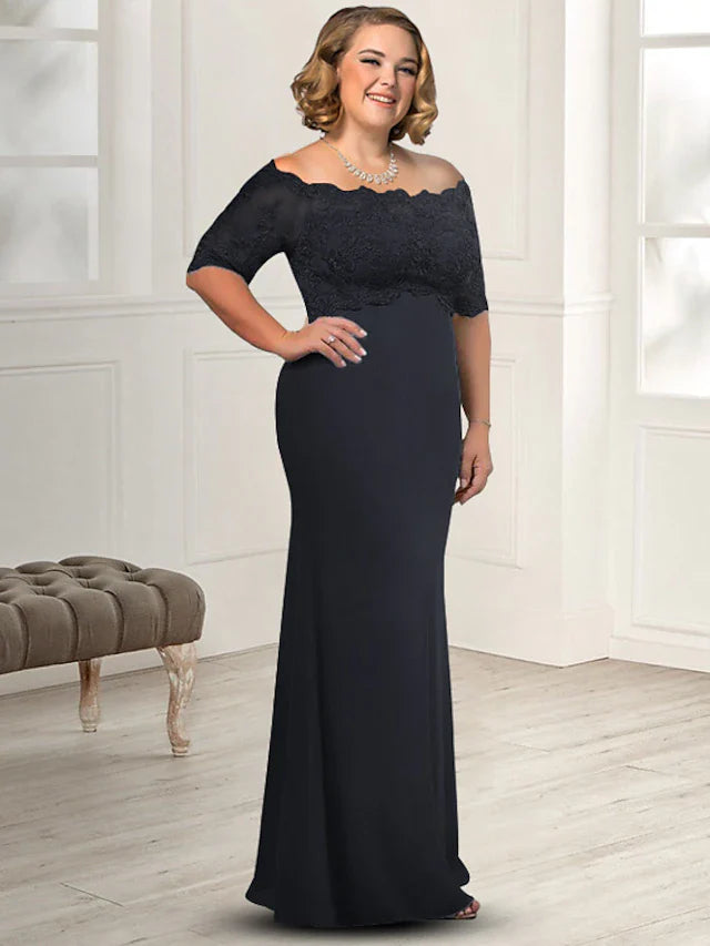 Wholesale Sheath / Column Mother of the Bride Dress Plus Size Elegant Off Shoulder Floor Length Chiffon Lace Half Sleeve with Appliques