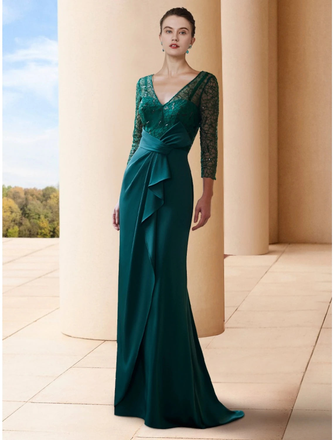 Wholesale A-Line Mother of the Bride Dress Wedding Guest Elegant V Neck Sweep / Brush Train Stretch Chiffon 3/4 Length Sleeve with Bow(s) Sequin Ruching