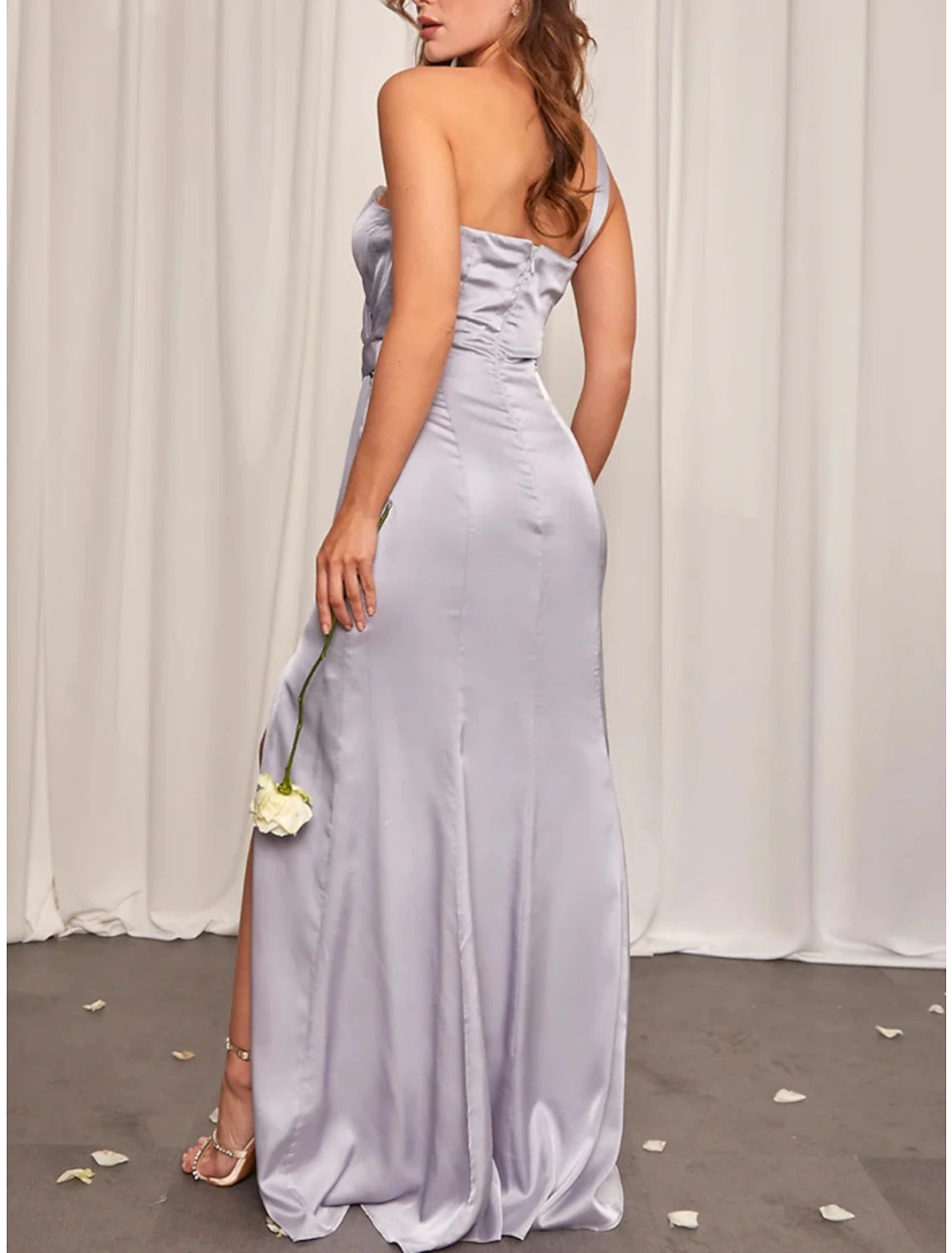 Wholesale Sheath / Column Bridesmaid Dress One Shoulder Sleeveless Elegant Sweep / Brush Train Stretch Satin with Split Front / Ruching