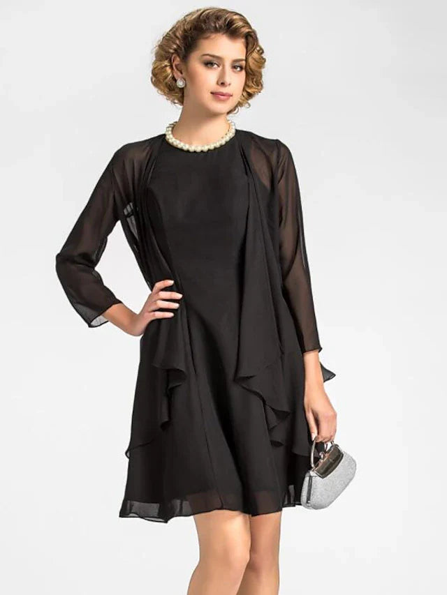 Wholesale A-Line Mother of the Bride Dress Wrap Included Jewel Neck Knee Length Chiffon 3/4 Length Sleeve with Draping