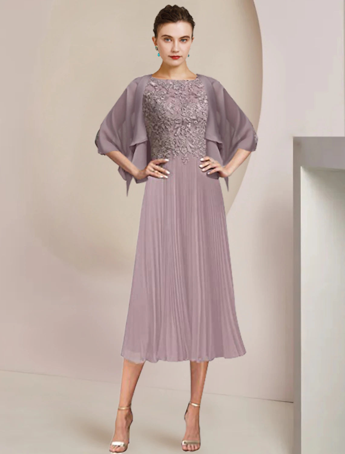 Wholesale  Two Piece A-Line Mother of the Bride Dress Formal Wedding Guest Elegant Scoop Neck Tea Length Lace 3/4 Length Sleeve Wrap Included with Pleats Appliques