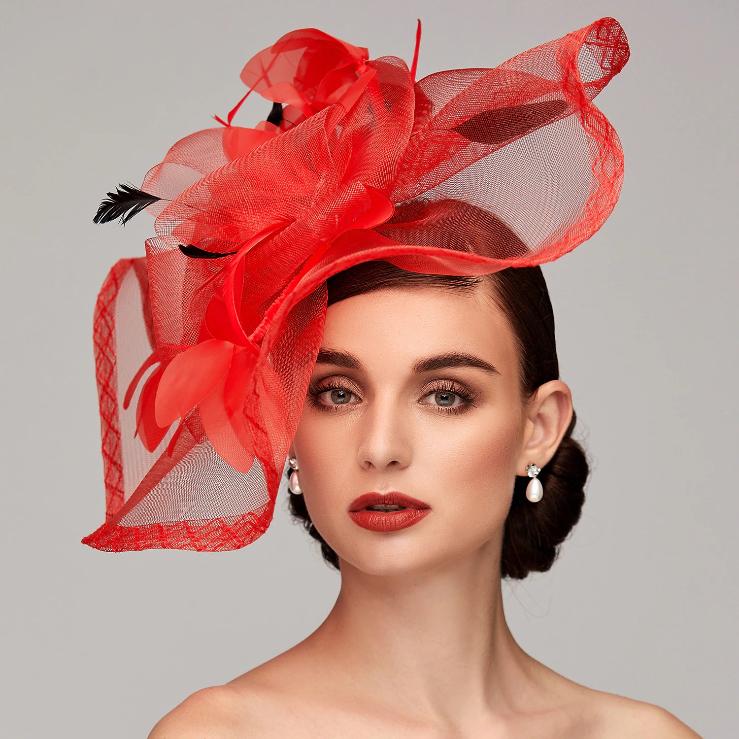 Wholesale Flowers Feather Net Kentucky Derby Hat Fascinators Headpiece with Feather Floral 1PC Horse Race Ladies Day Melbourne Cup Headpiece
