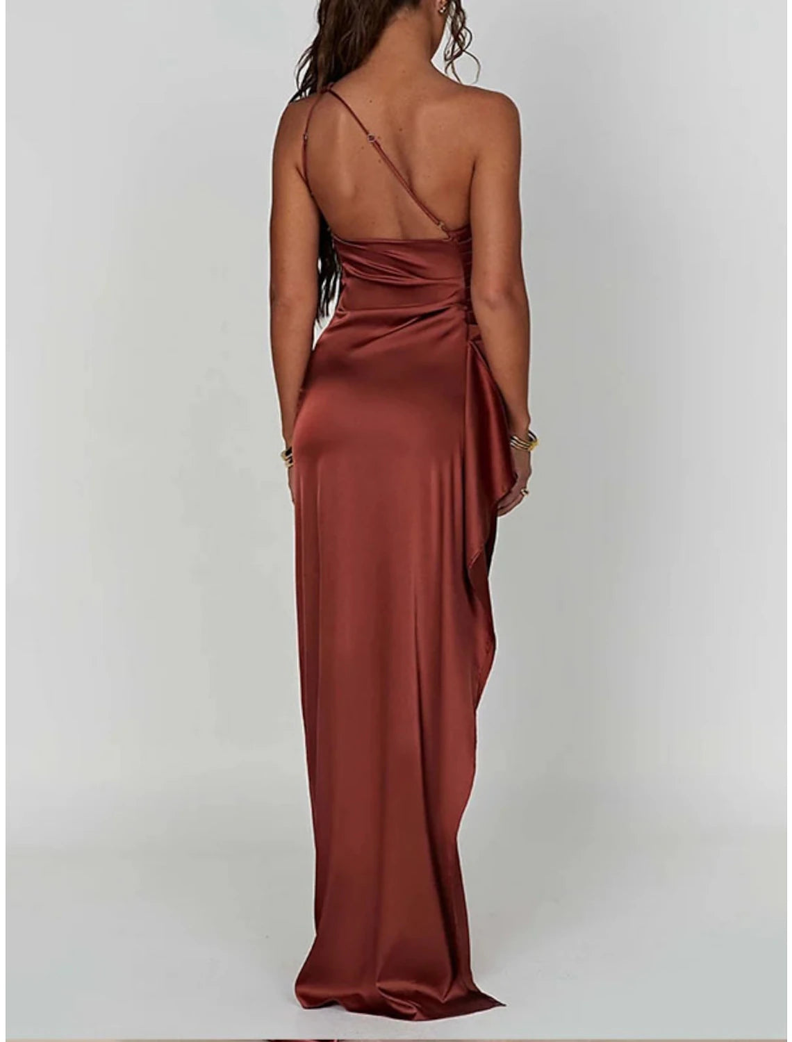 Wholesale A-Line Party Dresses Elegant Dress Formal Floor Length Sleeveless One Shoulder Satin with Ruched Slit