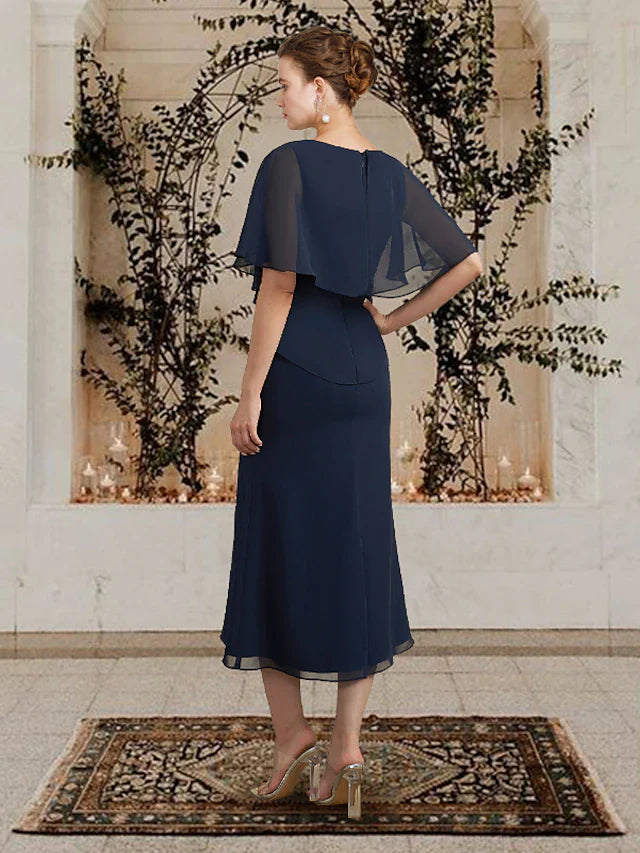 Wholesale A-Line Mother of the Bride Dress Plus Size Elegant Jewel Neck Tea Length Chiffon Sleeveless with Ruffles