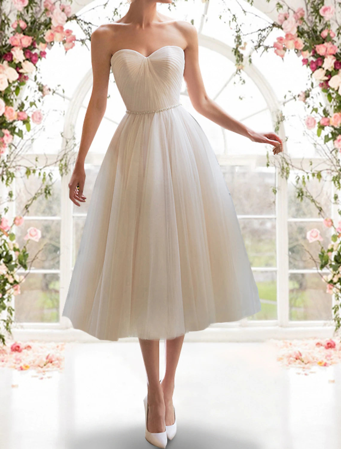 Wholesale Reception Little White Dresses Wedding Dresses A-Line Sweetheart Strapless Tea Length Tulle Bridal Gowns With Sashes / Ribbons Pleats