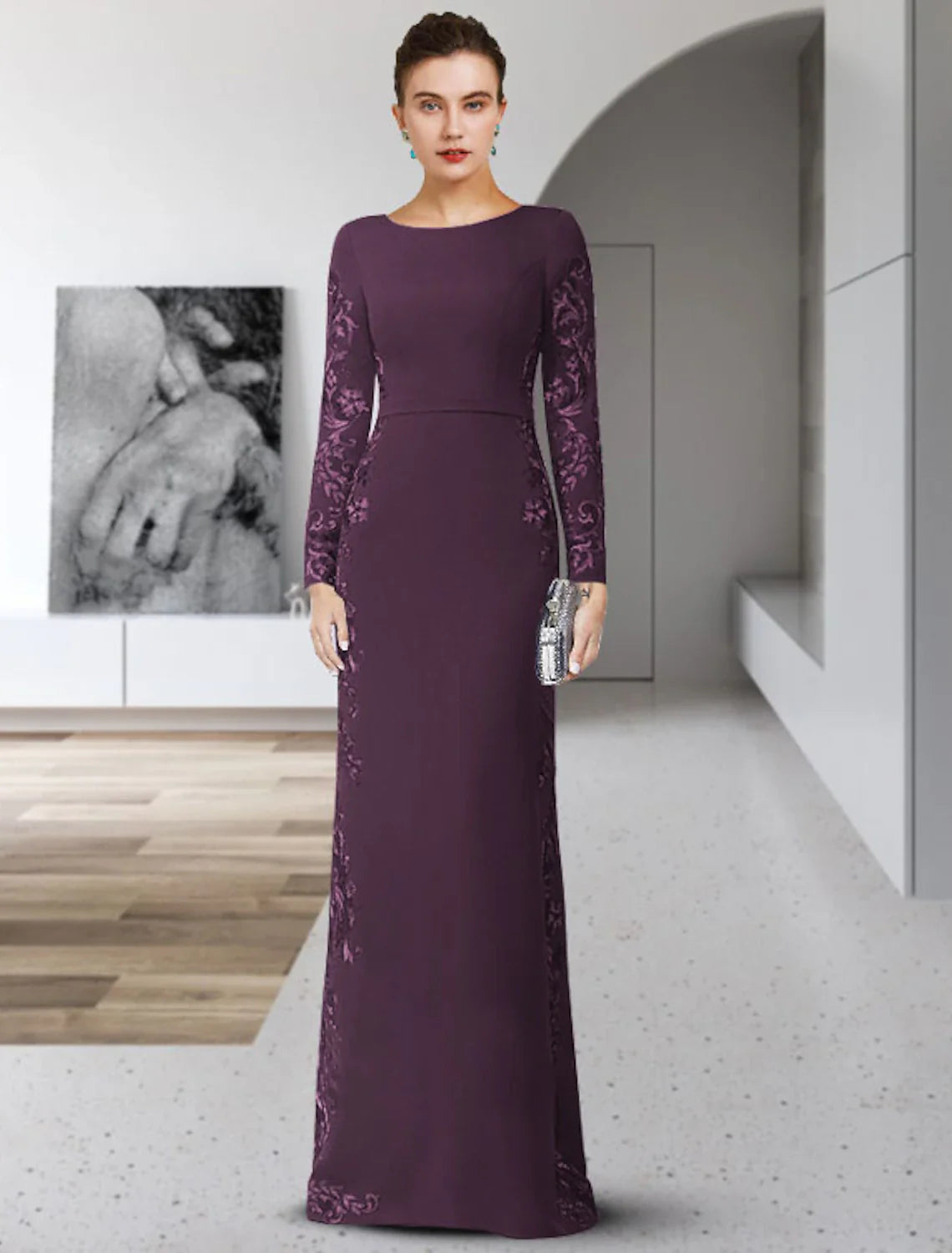 Wholesale Sheath / Column Mother of the Bride Dress Formal Wedding Guest Party Elegant Scoop Neck Floor Length Chiffon Lace Long Sleeve with Sash / Ribbon Appliques