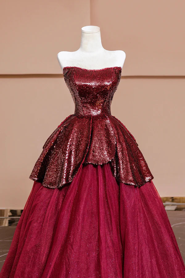 Wholesale Burgundy Tulle Sequins Long Prom Dress A-Line Strapless Evening Party Dress