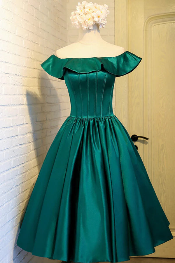 Wholesale Green Satin Short Homecoming Dress Cute Off the Shoulder Knee Length Prom Dress