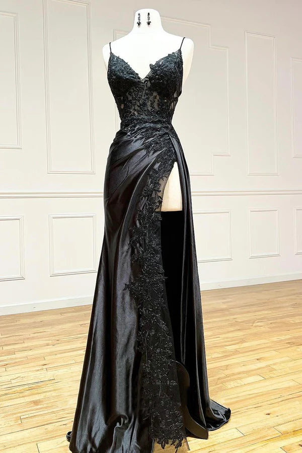 Wholesale Black V-Neck Lace Long Formal Dress Black Spaghetti Strap Evening Gown with Leg Slits