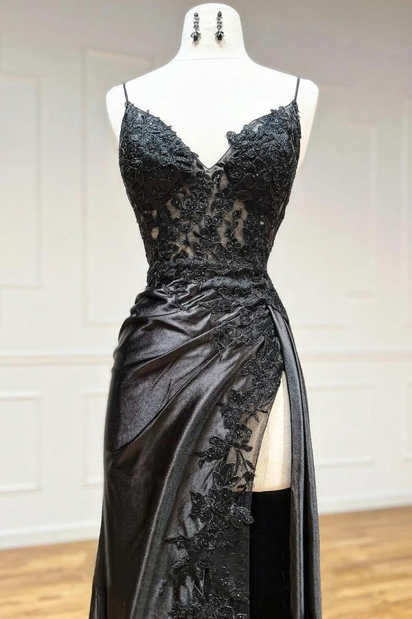 Wholesale Black V-Neck Lace Long Formal Dress Black Spaghetti Strap Evening Gown with Leg Slits