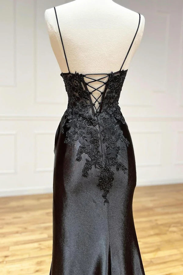 Wholesale Black V-Neck Lace Long Formal Dress Black Spaghetti Strap Evening Gown with Leg Slits