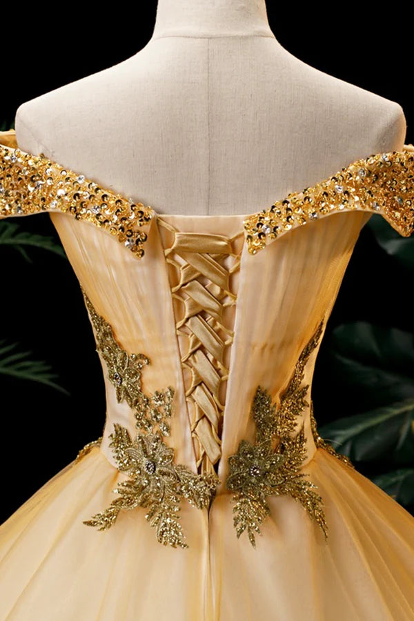 Wholesale Gold Floor Length Tulle Beading Formal Dress Lovely Off the Shoulder Evening Party Dress