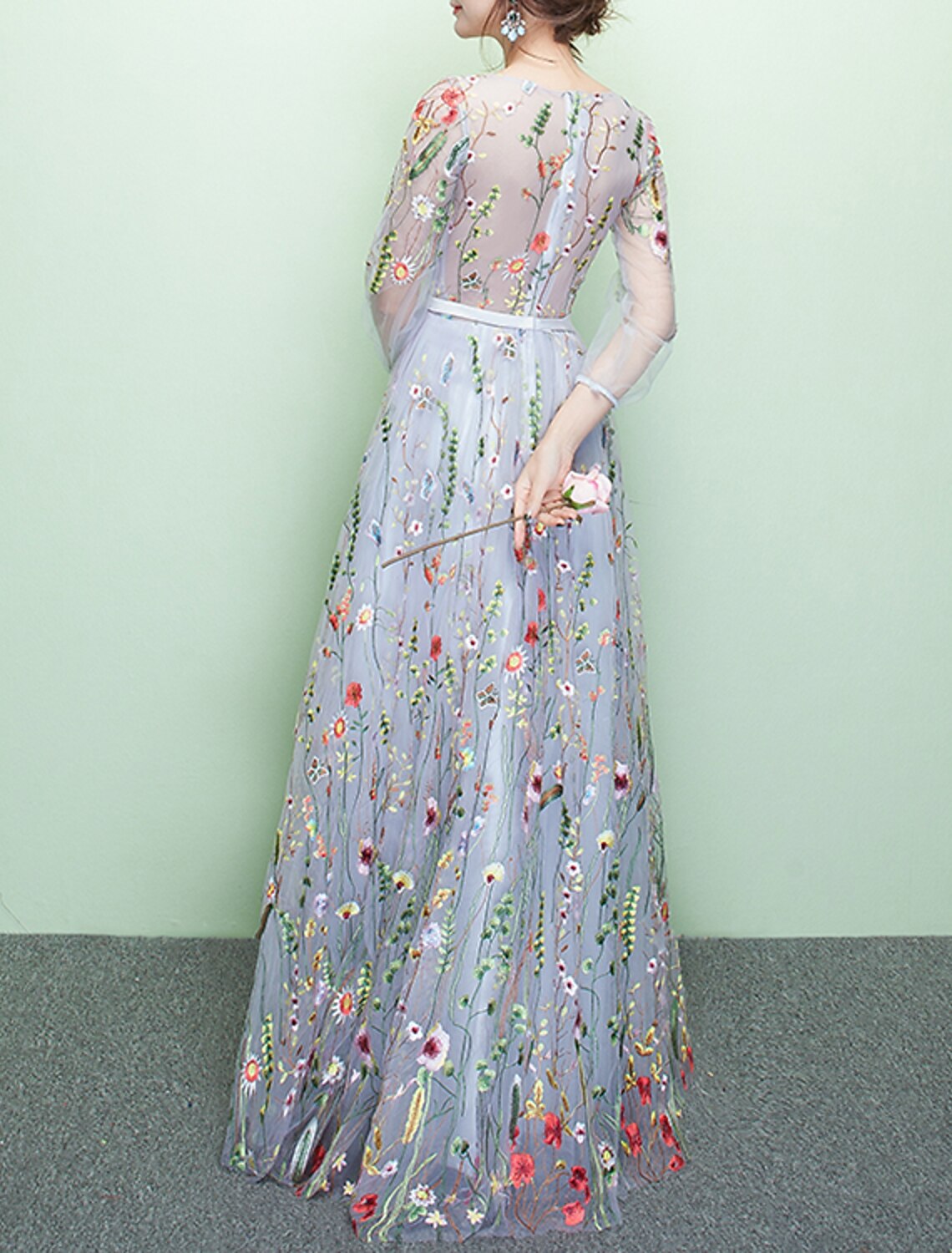 Wholesale A-Line Prom Dresses Floral Dress Party Wear Wedding Guest Floor Length 3/4 Length Sleeve Jewel Neck Lace with Embroidery