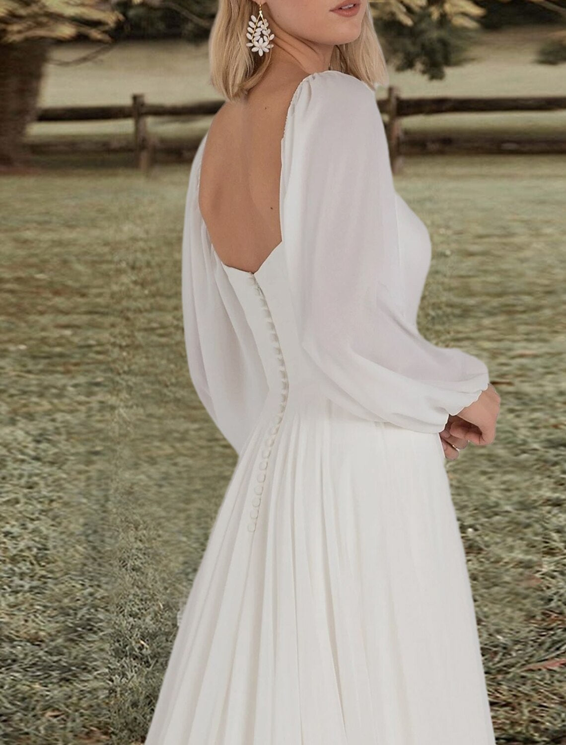 Wholesale Engagement Open Back Wedding Dresses A-Line Square Neck Long Sleeve Sweep / Brush Train Chiffon Bridal Gowns With Solid Color